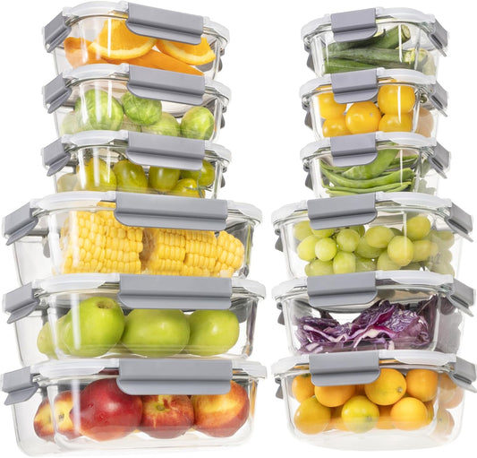24 Pieces Glass Food Storage Containers with Lids,Glass Meal Prep Containers Set with Locking Lid,Airtight Glass Lunch Container for Kitchen,Bpa Free(12 Lids & 12 Containers)