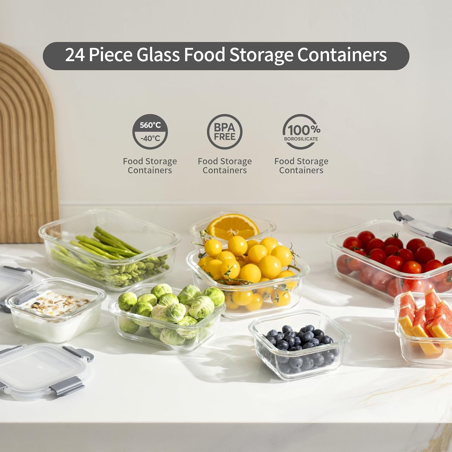 24 Pieces Glass Food Storage Containers with Lids,Glass Meal Prep Containers Set with Locking Lid,Airtight Glass Lunch Container for Kitchen,Bpa Free(12 Lids & 12 Containers)